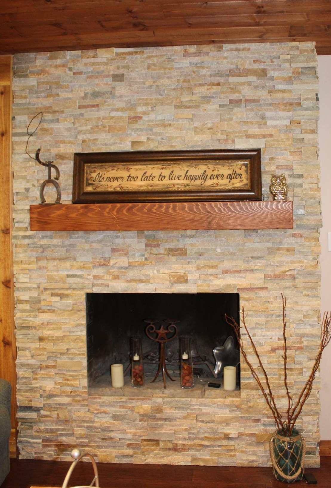 cedar mantle, stacked stone, wood working