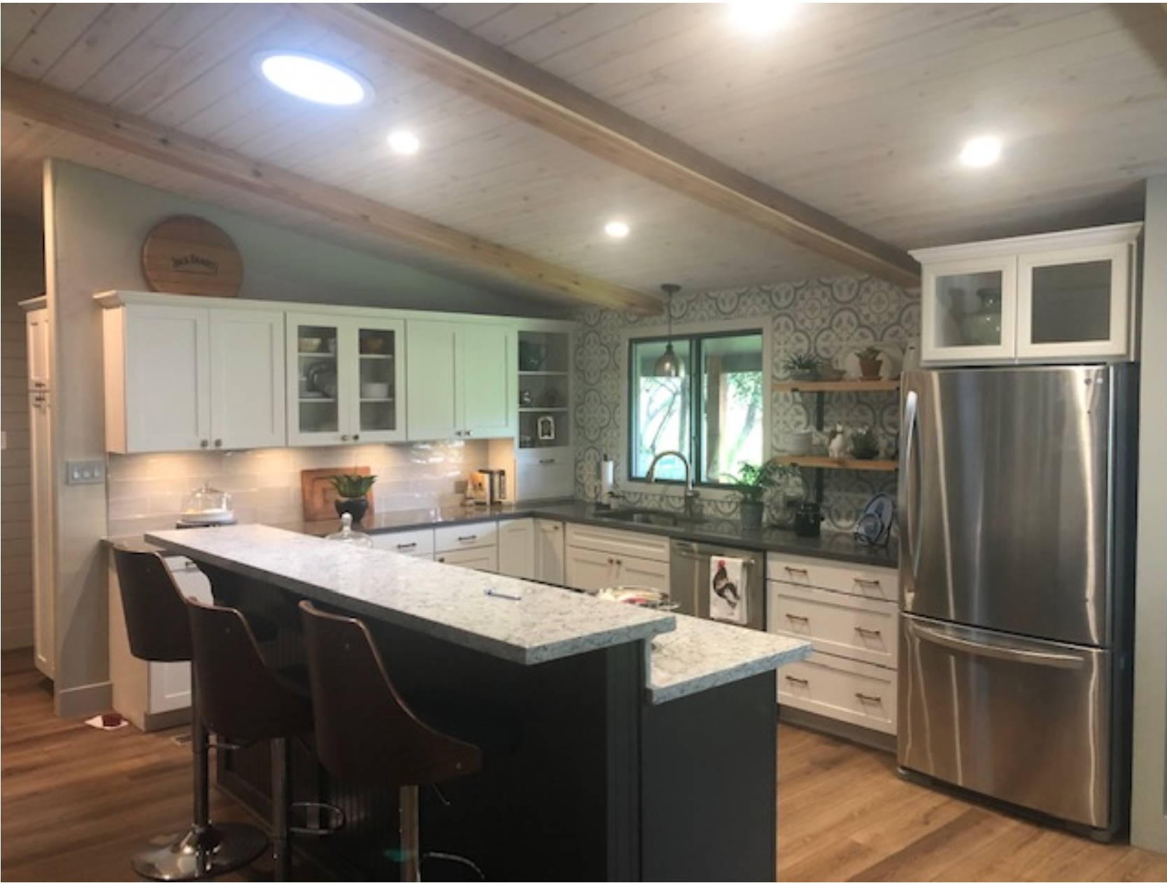 new cabinets, tile, wood ceiling